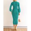 ZESICA Women’s 2026 Square Neck Ribbed Knit Dress Puff Long Sleeve Slim Fit Bodycon Fall Winter Pullover Sweater Dress(Peacock)