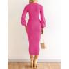 ZESICA Women’s 2026 Square Neck Ribbed Knit Dress Puff Long Sleeve Slim Fit Bodycon Fall Winter Pullover Sweater Dress(Rose)