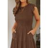 ZESICA Women’s 2026 Summer Casual Flutter Short Sleeve Crew Neck Smocked Elastic Waist Tiered Midi Dress(Coffee)