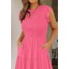 ZESICA Women’s 2026 Summer Casual Flutter Short Sleeve Crew Neck Smocked Elastic Waist Tiered Midi Dress(Hot Pink)
