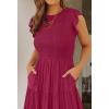 ZESICA Women’s 2026 Summer Casual Flutter Short Sleeve Crew Neck Smocked Elastic Waist Tiered Midi Dress(Plum)