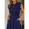 ZESICA Women’s 2026 Summer Casual Flutter Short Sleeve Crew Neck Smocked Elastic Waist Tiered Midi Dress(Royal Blue)