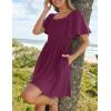 ZESICA Women’s 2026 Summer Casual Mini Dress Flutter Short Sleeve Square Neck Smocked Tiered Ruffle Flowy Dresses(Plum)