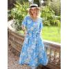 ZESICA Women’s 2026 Summer Floral V Neck Midi Dress Boho Short Sleeve High Waist Flowy Beach Vacation Dresses with Belt(Blue)