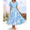 ZESICA Women’s 2026 Summer Floral V Neck Midi Dress Boho Short Sleeve High Waist Flowy Beach Vacation Dresses with Belt(Blue)