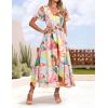 ZESICA Women’s 2026 Summer Floral V Neck Midi Dress Boho Short Sleeve High Waist Flowy Beach Vacation Dresses with Belt(Blue Pink)
