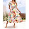 ZESICA Women’s 2026 Summer Floral V Neck Midi Dress Boho Short Sleeve High Waist Flowy Beach Vacation Dresses with Belt(Blue Pink)