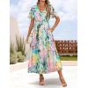 ZESICA Women’s 2026 Summer Floral V Neck Midi Dress Boho Short Sleeve High Waist Flowy Beach Vacation Dresses with Belt(Green)