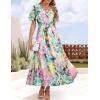 ZESICA Women’s 2026 Summer Floral V Neck Midi Dress Boho Short Sleeve High Waist Flowy Beach Vacation Dresses with Belt(Green)
