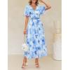 ZESICA Women’s 2026 Summer Floral V Neck Midi Dress Boho Short Sleeve High Waist Flowy Beach Vacation Dresses with Belt(Lightblue)