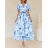 ZESICA Women’s 2026 Summer Floral V Neck Midi Dress Boho Short Sleeve High Waist Flowy Beach Vacation Dresses with Belt(Lightblue)