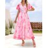 ZESICA Women’s 2026 Summer Floral V Neck Midi Dress Boho Short Sleeve High Waist Flowy Beach Vacation Dresses with Belt(Pink)