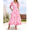 ZESICA Women’s 2026 Summer Floral V Neck Midi Dress Boho Short Sleeve High Waist Flowy Beach Vacation Dresses with Belt(Pink)