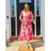 ZESICA Women’s 2026 Summer Floral V Neck Midi Dress Boho Short Sleeve High Waist Flowy Beach Vacation Dresses with Belt(Rose)
