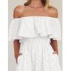 ZESICA Women’s 2026 Summer Off Shoulder Ruffle Midi Dress Short Sleeve High Waist Hollow Out Embroidery Party Dresses(White)