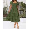 ZESICA Women’s 2026 Summer Square Neck Short Puff Sleeve Solid Color High Waist Casual Smocked Flowy A Line Tiered Midi Dress(Army Green)