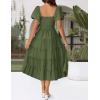 ZESICA Women’s 2026 Summer Square Neck Short Puff Sleeve Solid Color High Waist Casual Smocked Flowy A Line Tiered Midi Dress(Army Green)