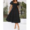ZESICA Women’s 2026 Summer Square Neck Short Puff Sleeve Solid Color High Waist Casual Smocked Flowy A Line Tiered Midi Dress(Black)