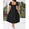 ZESICA Women’s 2026 Summer Square Neck Short Puff Sleeve Solid Color High Waist Casual Smocked Flowy A Line Tiered Midi Dress(Black)
