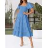 ZESICA Women’s 2026 Summer Square Neck Short Puff Sleeve Solid Color High Waist Casual Smocked Flowy A Line Tiered Midi Dress(Blue)