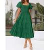 ZESICA Women’s 2026 Summer Square Neck Short Puff Sleeve Solid Color High Waist Casual Smocked Flowy A Line Tiered Midi Dress(Forest Green)