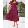 ZESICA Women’s 2026 Summer Square Neck Short Puff Sleeve Solid Color High Waist Casual Smocked Flowy A Line Tiered Midi Dress(Fuchsia)