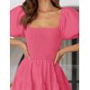 ZESICA Women’s 2026 Summer Square Neck Short Puff Sleeve Solid Color High Waist Casual Smocked Flowy A Line Tiered Midi Dress(Hot Pink)