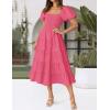 ZESICA Women’s 2026 Summer Square Neck Short Puff Sleeve Solid Color High Waist Casual Smocked Flowy A Line Tiered Midi Dress(Hot Pink)