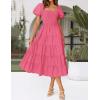 ZESICA Women’s 2026 Summer Square Neck Short Puff Sleeve Solid Color High Waist Casual Smocked Flowy A Line Tiered Midi Dress(Hot Pink)