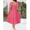 ZESICA Women’s 2026 Summer Square Neck Short Puff Sleeve Solid Color High Waist Casual Smocked Flowy A Line Tiered Midi Dress(Hot Pink)