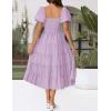 ZESICA Women’s 2026 Summer Square Neck Short Puff Sleeve Solid Color High Waist Casual Smocked Flowy A Line Tiered Midi Dress(Light Purple)