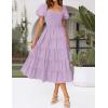 ZESICA Women’s 2026 Summer Square Neck Short Puff Sleeve Solid Color High Waist Casual Smocked Flowy A Line Tiered Midi Dress(Light Purple)