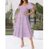 ZESICA Women’s 2026 Summer Square Neck Short Puff Sleeve Solid Color High Waist Casual Smocked Flowy A Line Tiered Midi Dress(Light Purple)