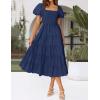 ZESICA Women’s 2026 Summer Square Neck Short Puff Sleeve Solid Color High Waist Casual Smocked Flowy A Line Tiered Midi Dress(Navy)