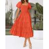 ZESICA Women’s 2026 Summer Square Neck Short Puff Sleeve Solid Color High Waist Casual Smocked Flowy A Line Tiered Midi Dress(Orange)
