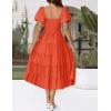 ZESICA Women’s 2026 Summer Square Neck Short Puff Sleeve Solid Color High Waist Casual Smocked Flowy A Line Tiered Midi Dress(Orange)