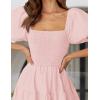ZESICA Women’s 2026 Summer Square Neck Short Puff Sleeve Solid Color High Waist Casual Smocked Flowy A Line Tiered Midi Dress(Pink)
