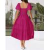 ZESICA Women’s 2026 Summer Square Neck Short Puff Sleeve Solid Color High Waist Casual Smocked Flowy A Line Tiered Midi Dress(Rose)