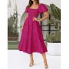 ZESICA Women’s 2026 Summer Square Neck Short Puff Sleeve Solid Color High Waist Casual Smocked Flowy A Line Tiered Midi Dress(Rose)