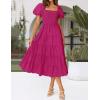 ZESICA Women’s 2026 Summer Square Neck Short Puff Sleeve Solid Color High Waist Casual Smocked Flowy A Line Tiered Midi Dress(Rose)