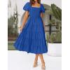 ZESICA Women’s 2026 Summer Square Neck Short Puff Sleeve Solid Color High Waist Casual Smocked Flowy A Line Tiered Midi Dress(Royal Blue)
