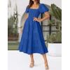 ZESICA Women’s 2026 Summer Square Neck Short Puff Sleeve Solid Color High Waist Casual Smocked Flowy A Line Tiered Midi Dress(Royal Blue)