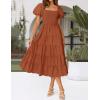 ZESICA Women’s 2026 Summer Square Neck Short Puff Sleeve Solid Color High Waist Casual Smocked Flowy A Line Tiered Midi Dress(Rust)