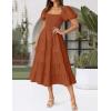 ZESICA Women’s 2026 Summer Square Neck Short Puff Sleeve Solid Color High Waist Casual Smocked Flowy A Line Tiered Midi Dress(Rust)