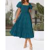ZESICA Women’s 2026 Summer Square Neck Short Puff Sleeve Solid Color High Waist Casual Smocked Flowy A Line Tiered Midi Dress(Teal)