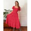 ZESICA Women’s 2026 Summer Square Neck Short Puff Sleeve Solid Color High Waist Casual Smocked Flowy A Line Tiered Midi Dress(Watermelon)