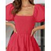 ZESICA Women’s 2026 Summer Square Neck Short Puff Sleeve Solid Color High Waist Casual Smocked Flowy A Line Tiered Midi Dress(Watermelon)