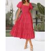 ZESICA Women’s 2026 Summer Square Neck Short Puff Sleeve Solid Color High Waist Casual Smocked Flowy A Line Tiered Midi Dress(Watermelon)
