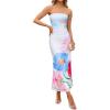 ZESICA Womens Boho Floral Strapless Maxi Dress 2026 Summer Off Shoulder Bodycon Beach Party Long Dresses(Sky)