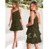 ZESICA Women’s Boho Summer One Shoulder Sleeveless Ruffle Tiered Layered Chiffon Pleated A Line Flowy Mini Dress(Armygreen)